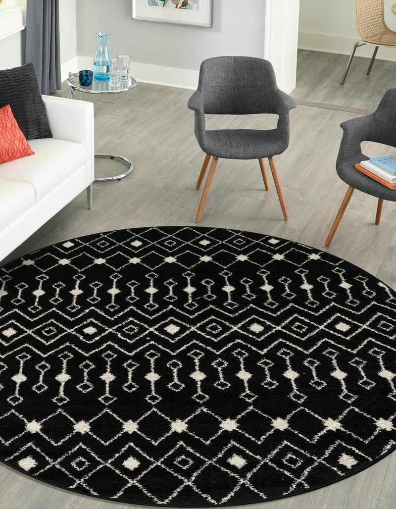 Mediterranean Lattice Collection Area Rug - Santorini (Black and White) Round Black and White lifestyle 36