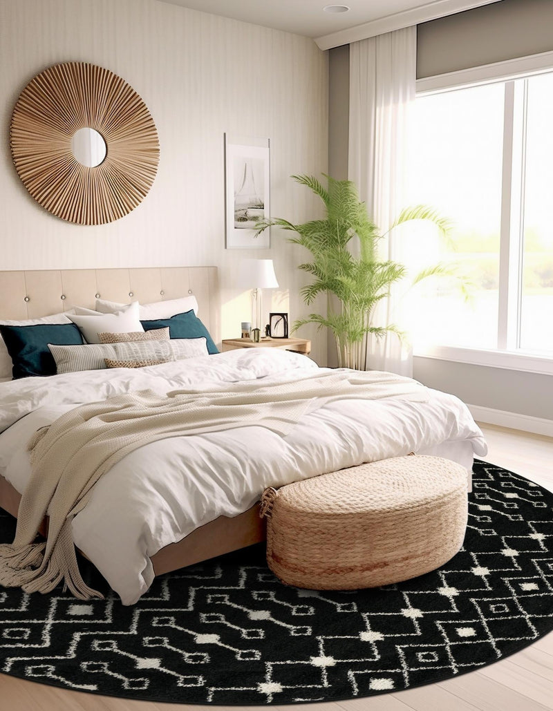 Mediterranean Lattice Collection Area Rug - Santorini (Black and White) Round Black and White lifestyle 45