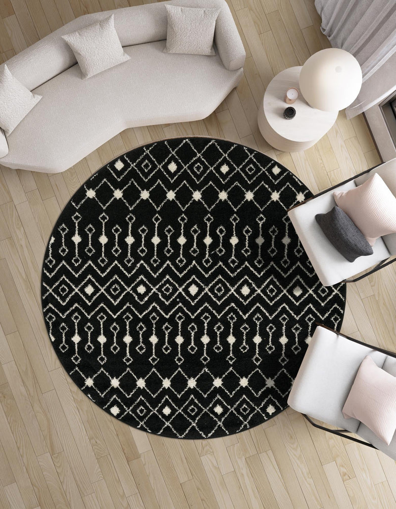 Mediterranean Lattice Collection Area Rug - Santorini (Black and White) Round Black and White lifestyle 48