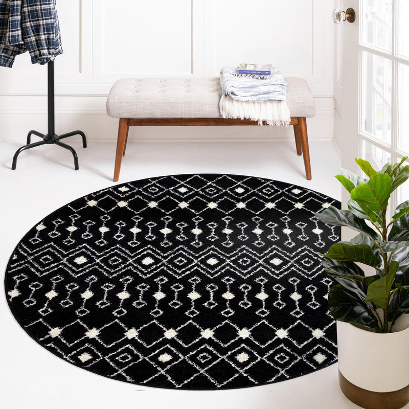 Mediterranean Lattice Collection Area Rug - Santorini (Black and White) Round Black and White lifestyle 15