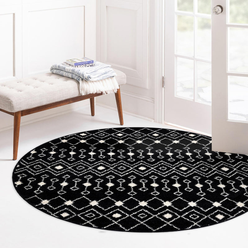 Mediterranean Lattice Collection Area Rug - Santorini (Black and White) Round Black and White lifestyle 16