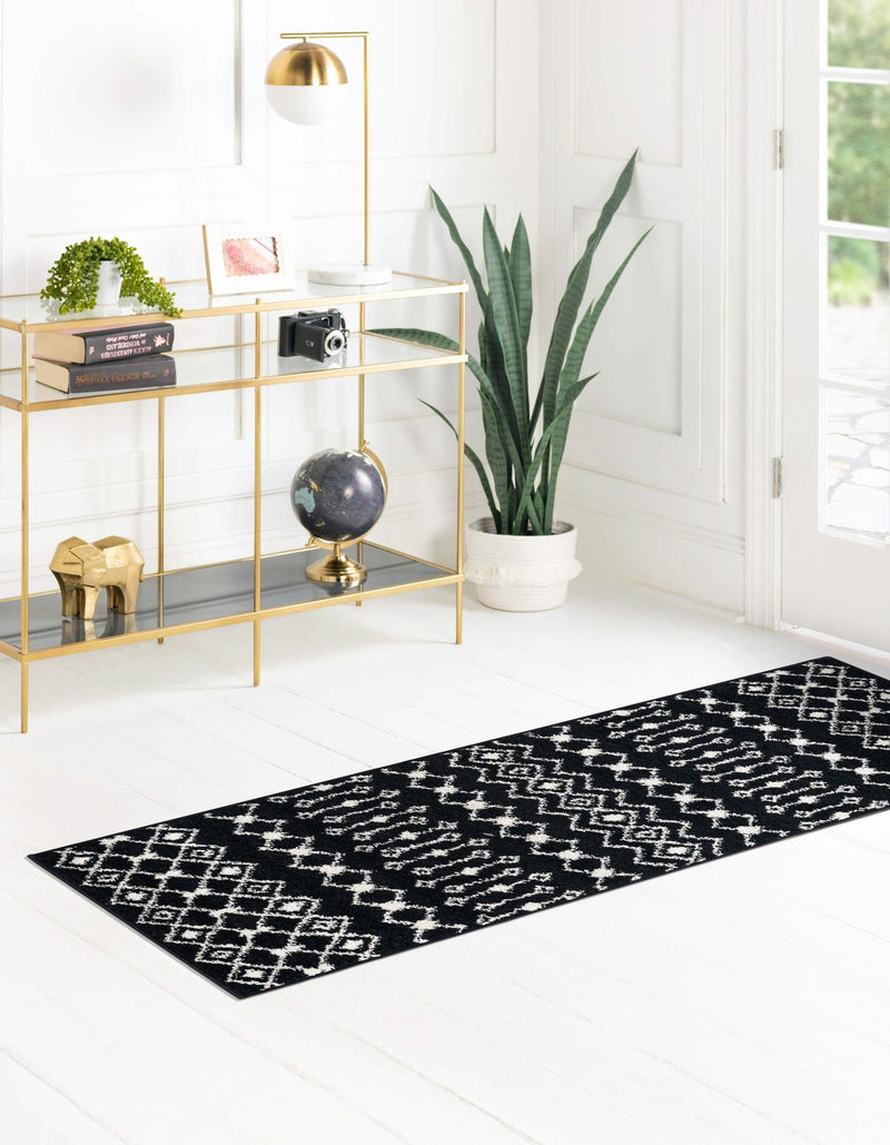 Mediterranean Lattice Collection Area Rug - Santorini (Black and White) Runner Black and White lifestyle 2