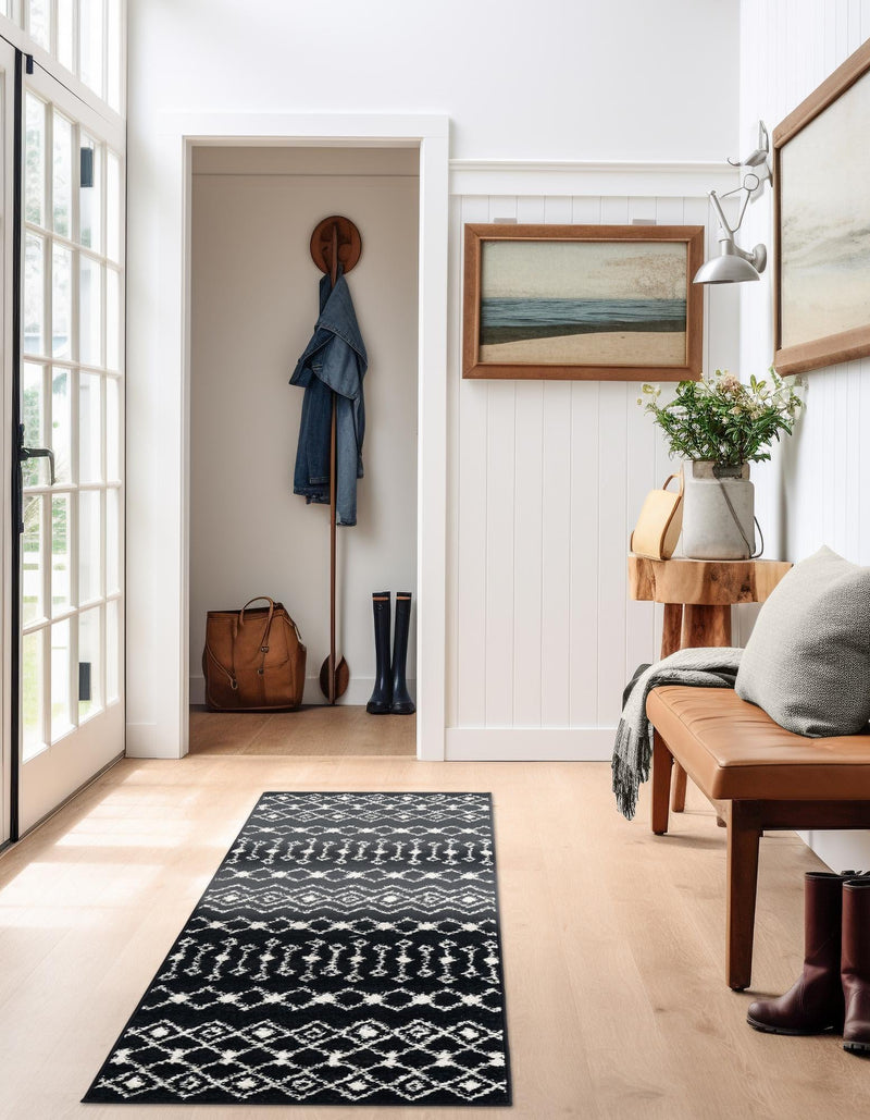 Mediterranean Lattice Collection Area Rug - Santorini (Black and White) Runner Black and White lifestyle 37