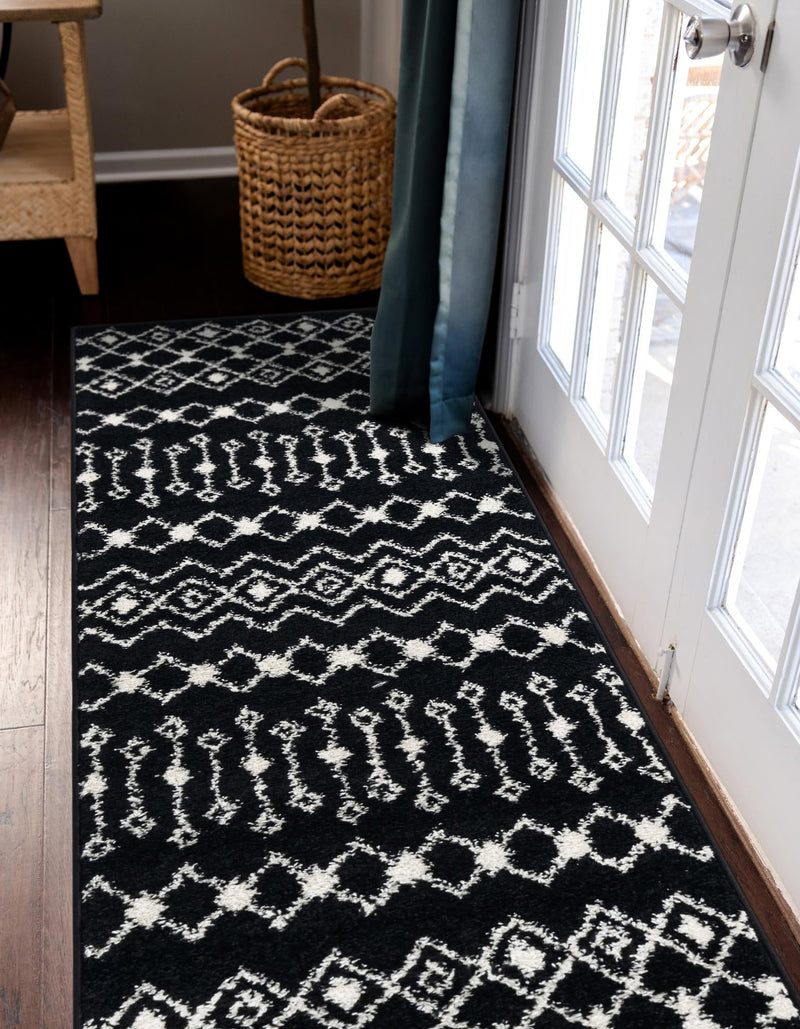 Mediterranean Lattice Collection Area Rug - Santorini (Black and White) Runner Black and White lifestyle 40