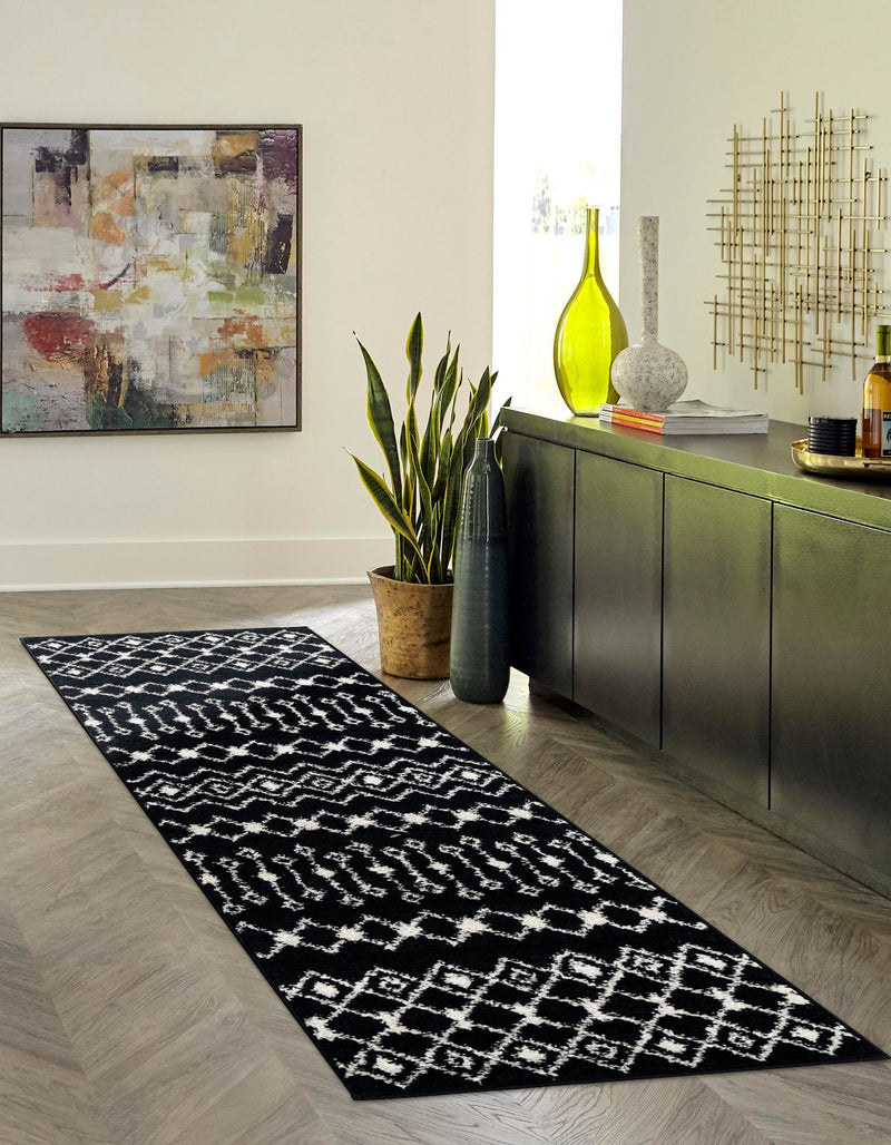Mediterranean Lattice Collection Area Rug - Santorini (Black and White) Runner Black and White lifestyle 46