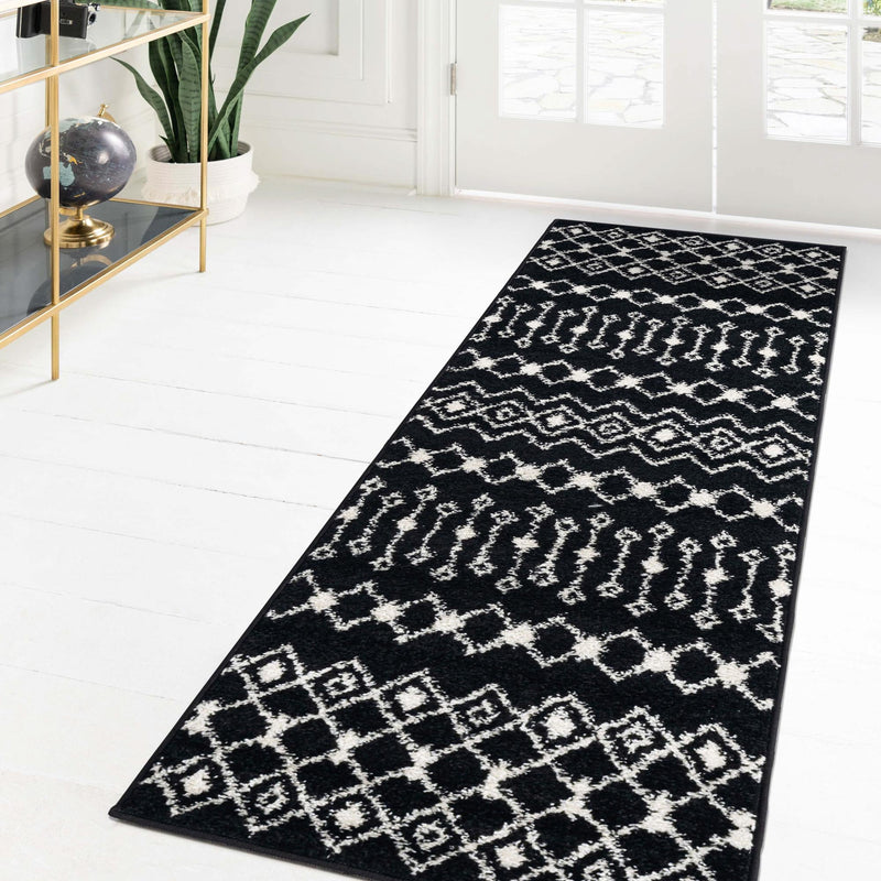 Mediterranean Lattice Collection Area Rug - Santorini (Black and White) Runner Black and White lifestyle 13