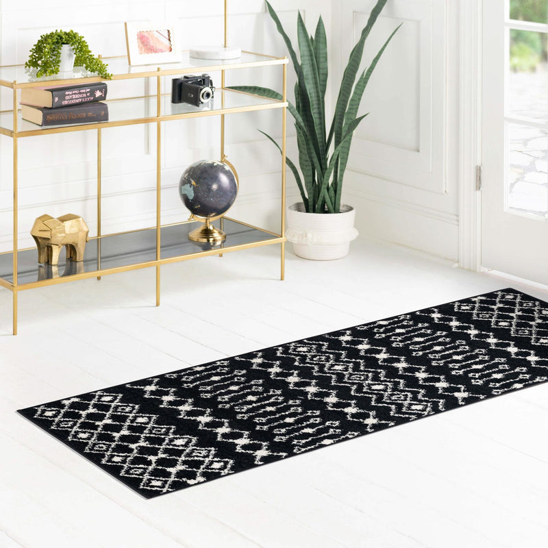 Mediterranean Lattice Collection Area Rug - Santorini (Black and White) Runner Black and White lifestyle 14
