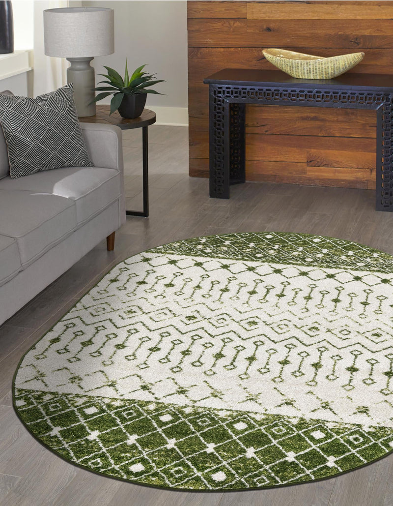 Mediterranean Lattice Collection Area Rug - Casablanca (Ivory Green) Oval Ivory Green lifestyle 6