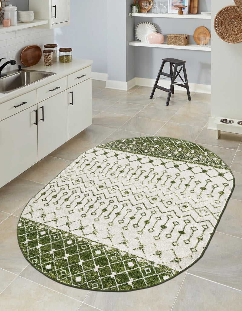 Mediterranean Lattice Collection Area Rug - Casablanca (Ivory Green) Oval Ivory Green lifestyle 10