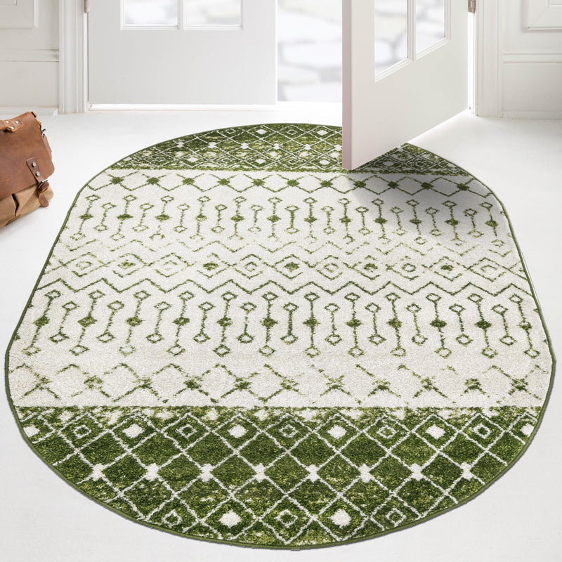 Mediterranean Lattice Collection Area Rug - Casablanca (Ivory Green) Oval Ivory Green lifestyle 24