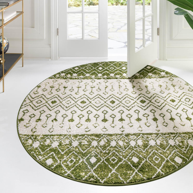 Mediterranean Lattice Collection Area Rug - Casablanca (Ivory Green) Round Ivory Green lifestyle 17