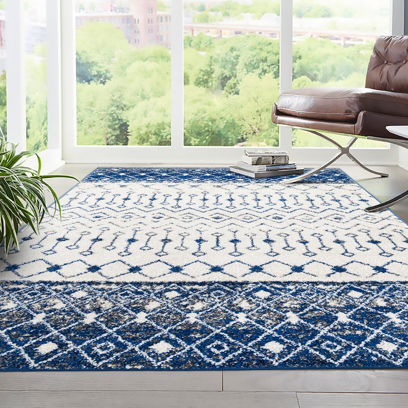 Mediterranean Lattice Collection Area Rug - Casablanca (Ivory Navy Blue) Rectangle Ivory Navy Blue lifestyle 24