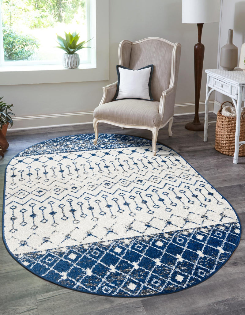 Mediterranean Lattice Collection Area Rug - Casablanca (Ivory Navy Blue) Oval Ivory Navy Blue lifestyle 4