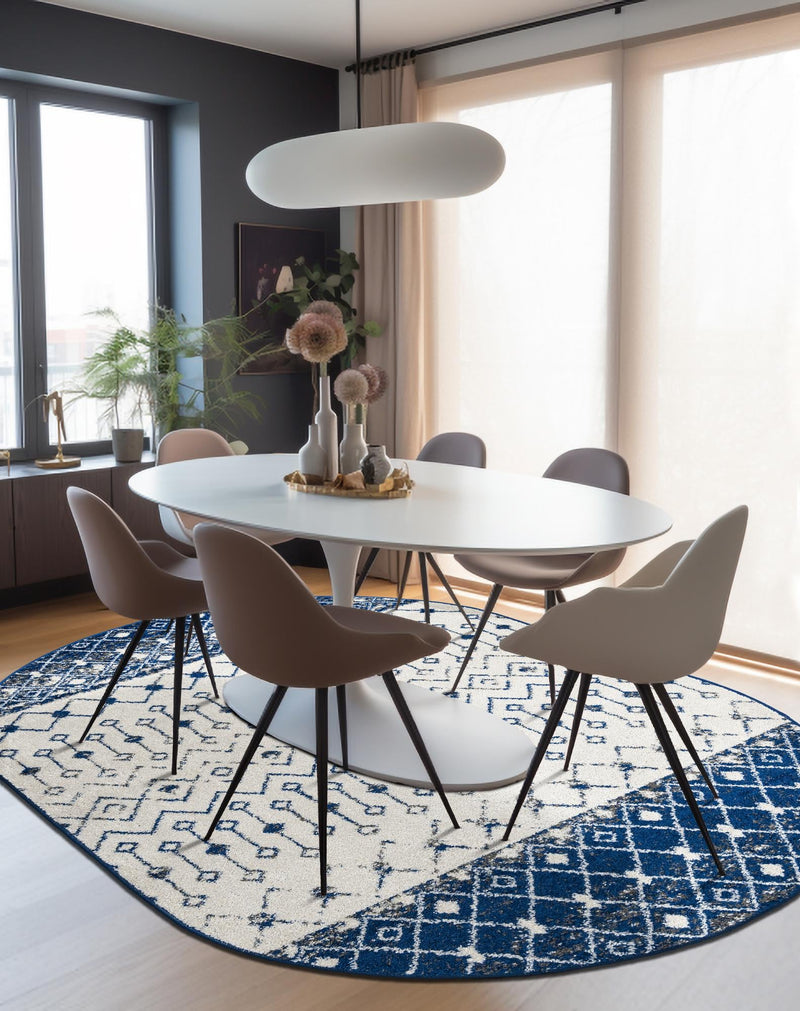 Mediterranean Lattice Collection Area Rug - Casablanca (Ivory Navy Blue) Oval Ivory Navy Blue lifestyle 5