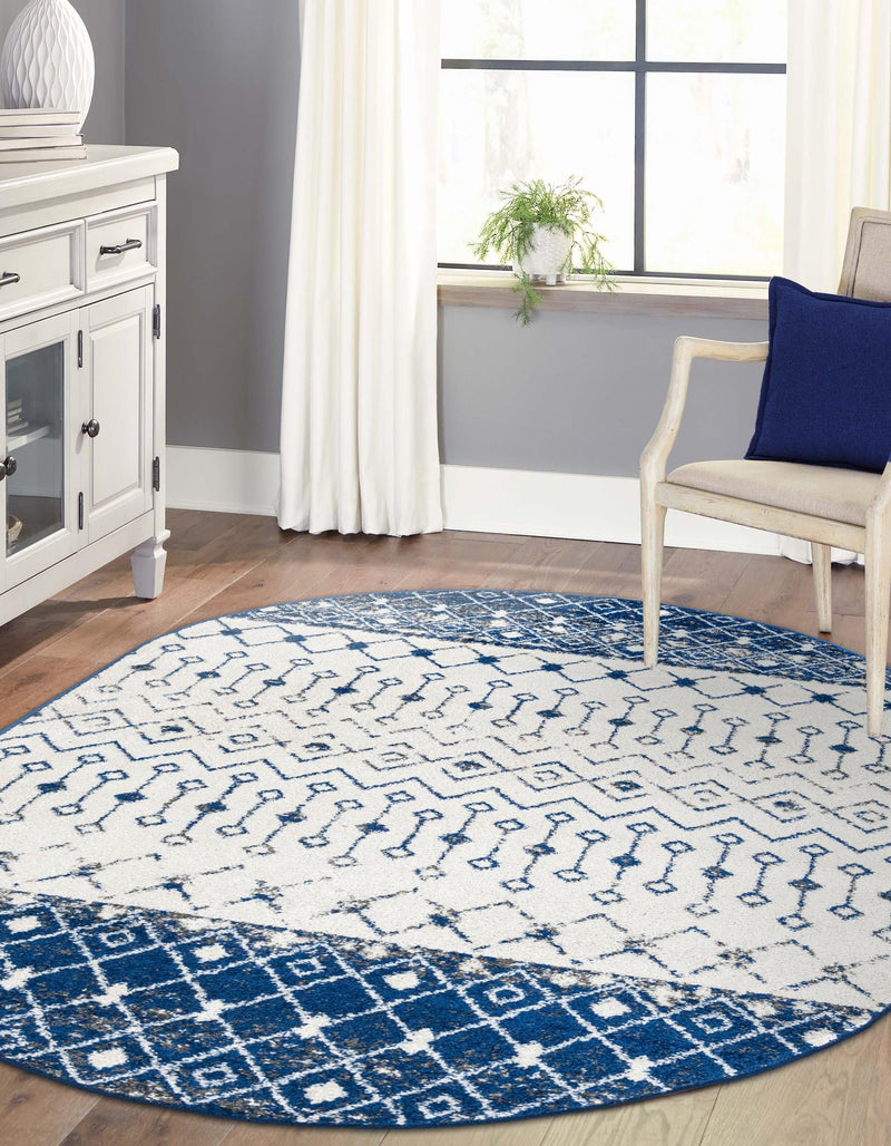 Mediterranean Lattice Collection Area Rug - Casablanca (Ivory Navy Blue) Oval Ivory Navy Blue lifestyle 6