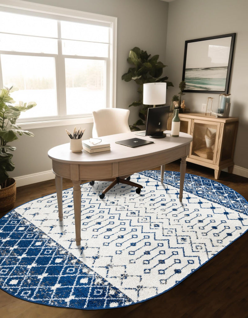 Mediterranean Lattice Collection Area Rug - Casablanca (Ivory Navy Blue) Oval Ivory Navy Blue lifestyle 7