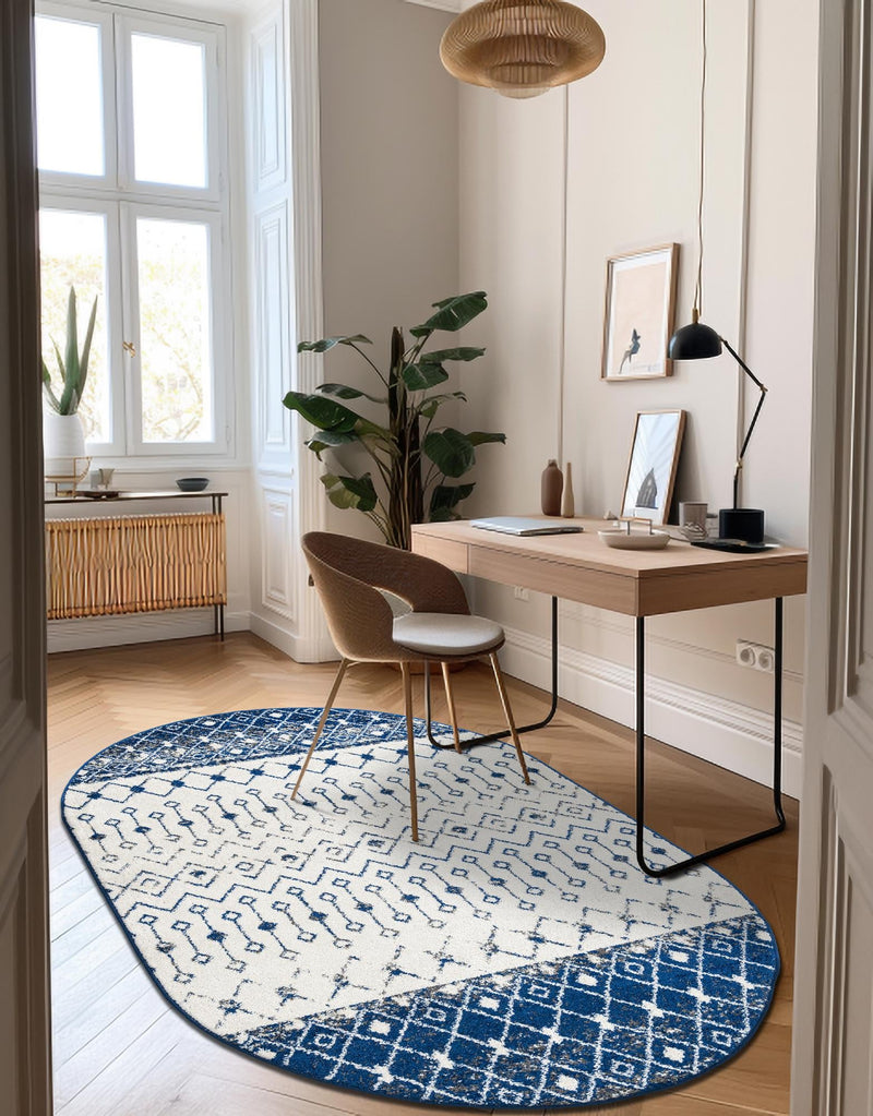 Mediterranean Lattice Collection Area Rug - Casablanca (Ivory Navy Blue) Oval Ivory Navy Blue lifestyle 8