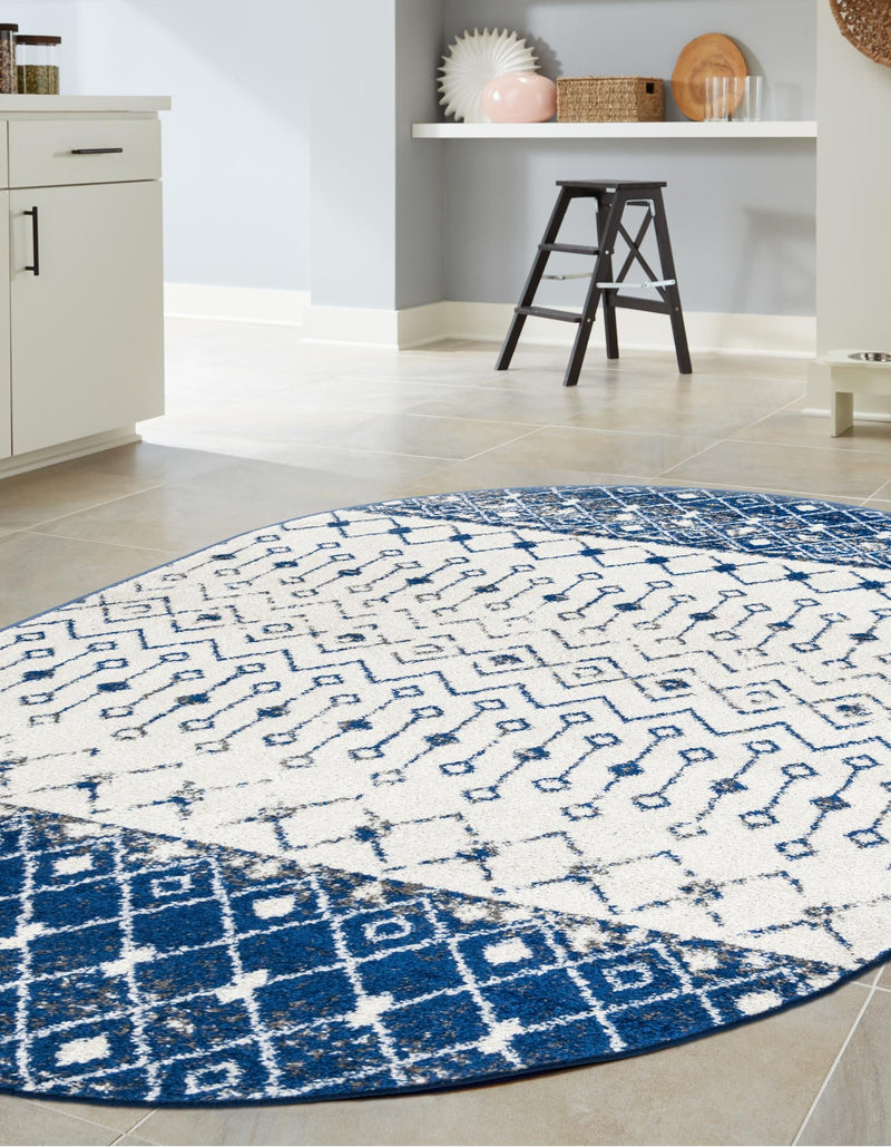 Mediterranean Lattice Collection Area Rug - Casablanca (Ivory Navy Blue) Oval Ivory Navy Blue lifestyle 9