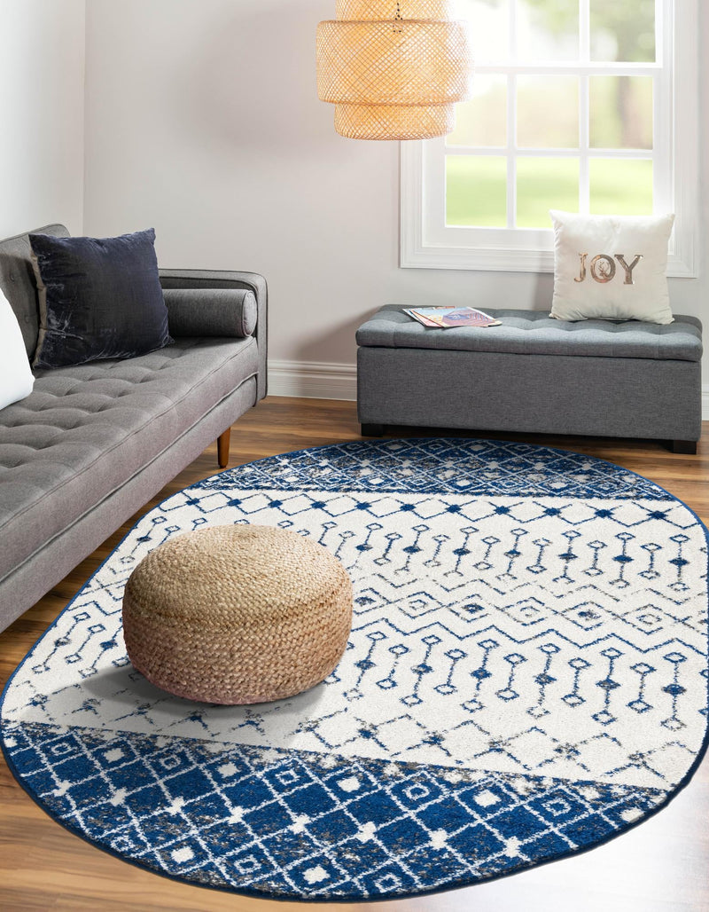 Mediterranean Lattice Collection Area Rug - Casablanca (Ivory Navy Blue) Oval Ivory Navy Blue lifestyle 10