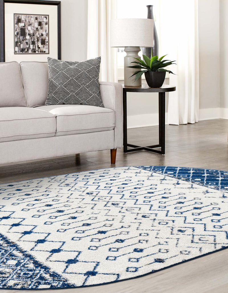 Mediterranean Lattice Collection Area Rug - Casablanca (Ivory Navy Blue) Oval Ivory Navy Blue lifestyle 11