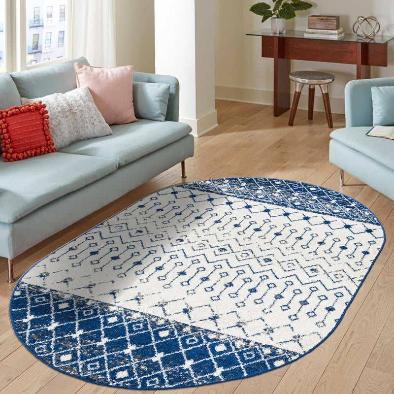 Mediterranean Lattice Collection Area Rug - Casablanca (Ivory Navy Blue) Oval Ivory Navy Blue lifestyle 22