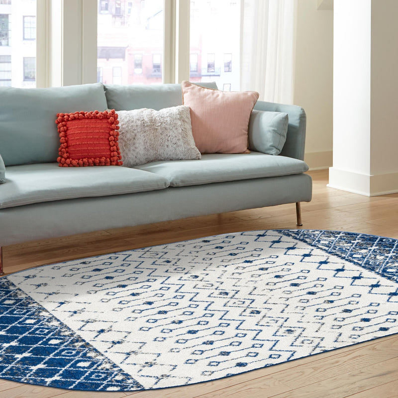 Mediterranean Lattice Collection Area Rug - Casablanca (Ivory Navy Blue) Oval Ivory Navy Blue lifestyle 23