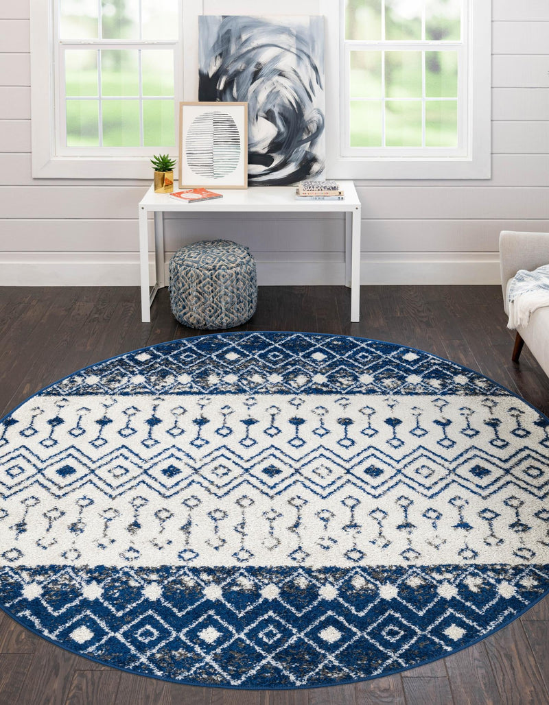 Mediterranean Lattice Collection Area Rug - Casablanca (Ivory Navy Blue) Round Ivory Navy Blue lifestyle 0