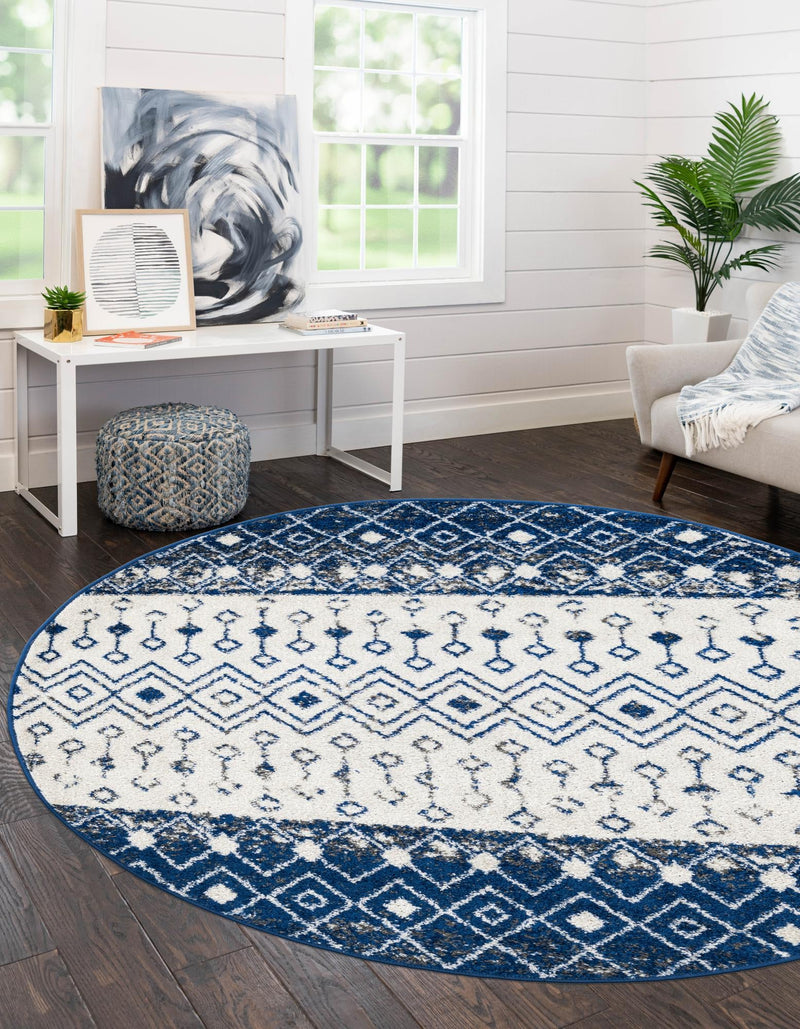Mediterranean Lattice Collection Area Rug - Casablanca (Ivory Navy Blue) Round Ivory Navy Blue lifestyle 2