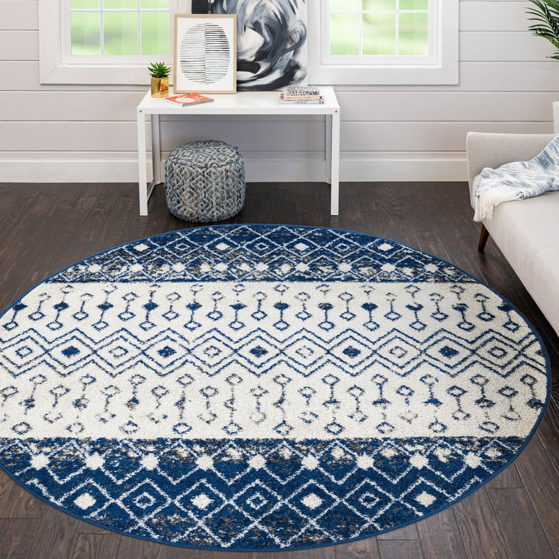 Mediterranean Lattice Collection Area Rug - Casablanca (Ivory Navy Blue) Round Ivory Navy Blue lifestyle 13