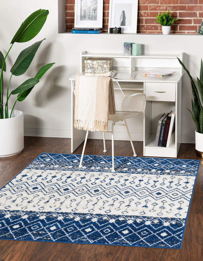 Mediterranean Lattice Collection Area Rug - Casablanca (Ivory Navy Blue) Square Ivory Navy Blue lifestyle 0