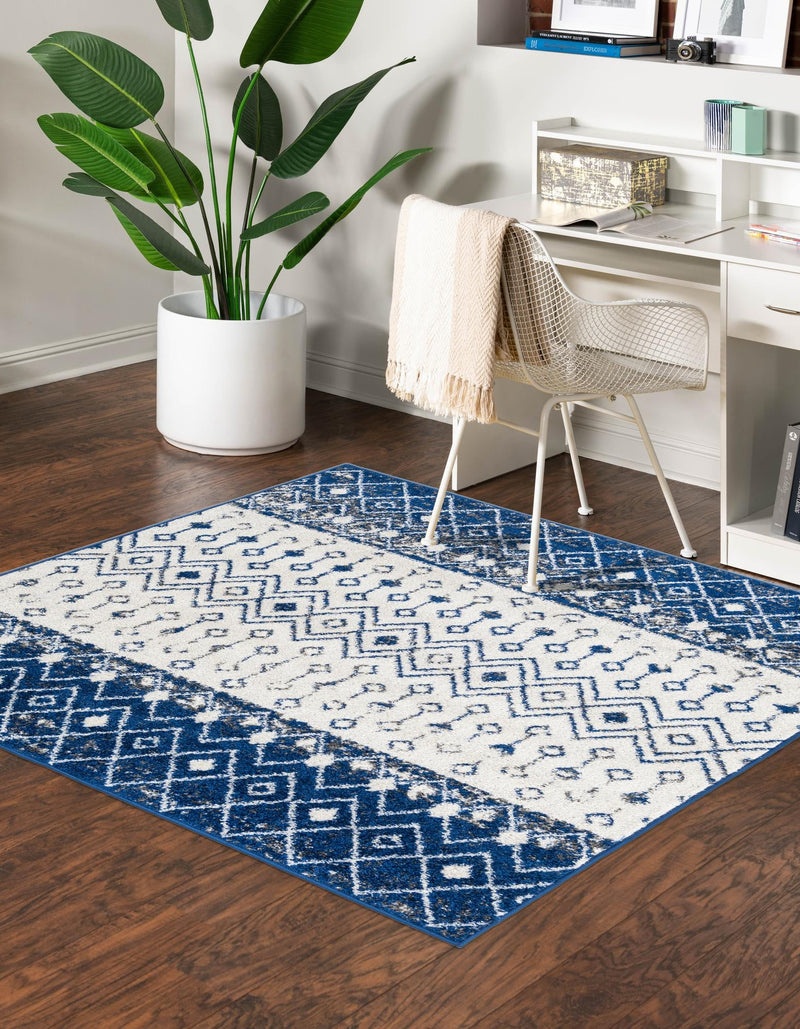 Mediterranean Lattice Collection Area Rug - Casablanca (Ivory Navy Blue) Square Ivory Navy Blue lifestyle 2