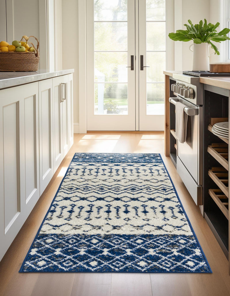 Mediterranean Lattice Collection Area Rug - Casablanca (Ivory Navy Blue) Runner Ivory Navy Blue lifestyle 29