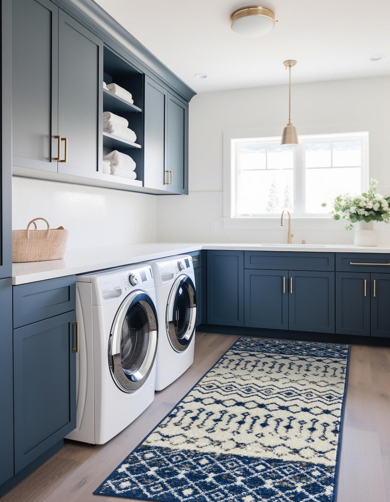 Mediterranean Lattice Collection Area Rug - Casablanca (Ivory Navy Blue) Runner Ivory Navy Blue lifestyle 41