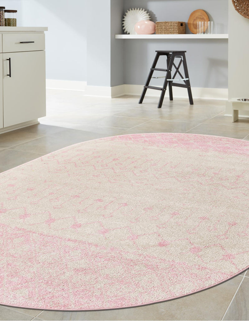 Mediterranean Lattice Collection Area Rug - Casablanca (Ivory and Pink) Oval Ivory and Pink lifestyle 11
