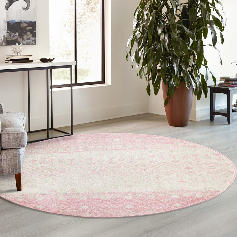 Mediterranean Lattice Collection Area Rug - Casablanca (Ivory and Pink) Round Ivory and Pink lifestyle 17