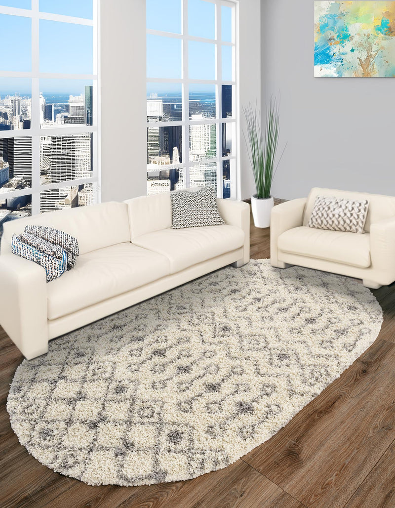 Berber Lattice Shag Collection Area Rug - Atlas (Ivory) Oval Ivory lifestyle 34