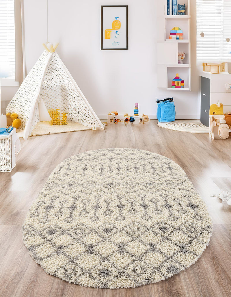 Berber Lattice Shag Collection Area Rug - Atlas (Ivory) Oval Ivory lifestyle 37