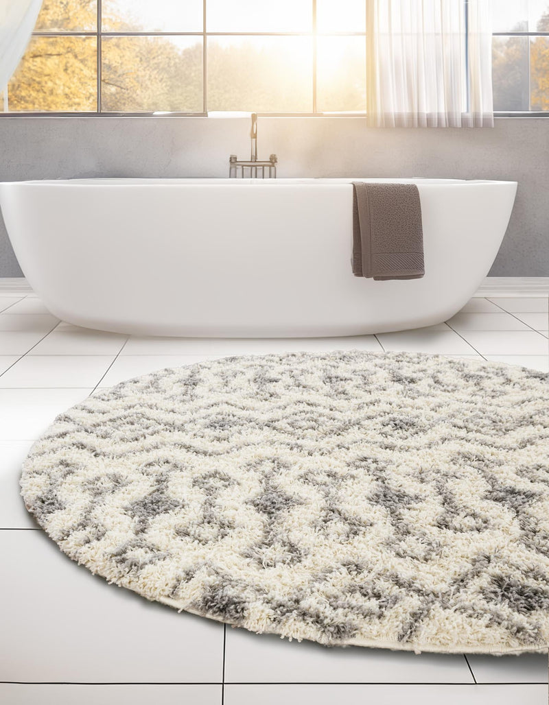 Berber Lattice Shag Collection Area Rug - Atlas (Ivory) Round Ivory lifestyle 29