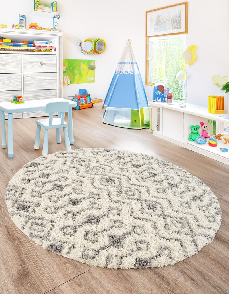 Berber Lattice Shag Collection Area Rug - Atlas (Ivory) Round Ivory lifestyle 35