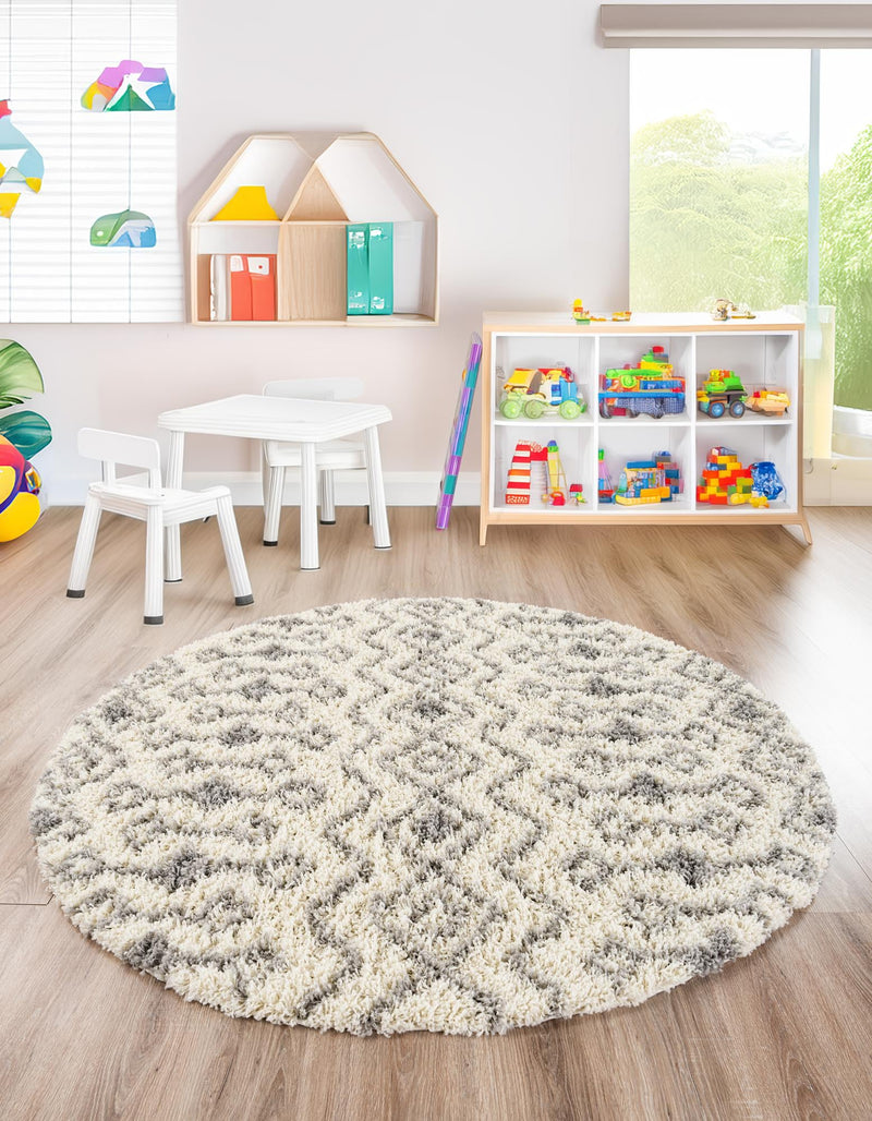 Berber Lattice Shag Collection Area Rug - Atlas (Ivory) Round Ivory lifestyle 41