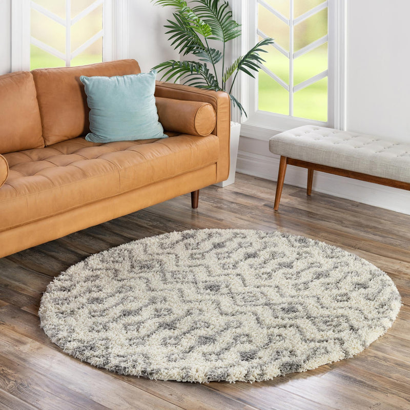 Berber Lattice Shag Collection Area Rug - Atlas (Ivory) Round Ivory lifestyle 13