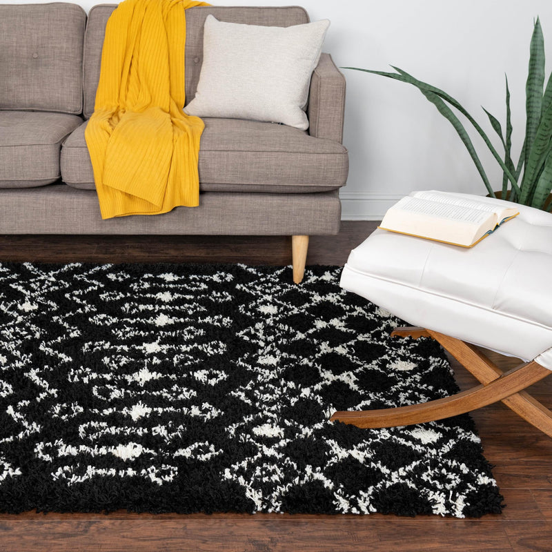 Berber Lattice Shag Collection Area Rug - Atlas (Black and White) Rectangle Black and White lifestyle 14