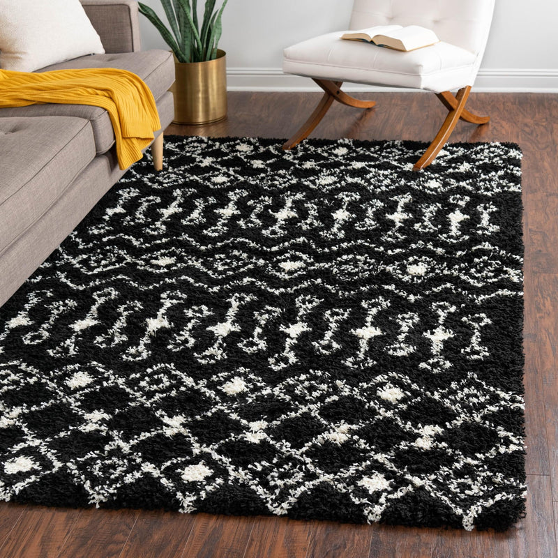 Berber Lattice Shag Collection Area Rug - Atlas (Black and White) Rectangle Black and White lifestyle 15