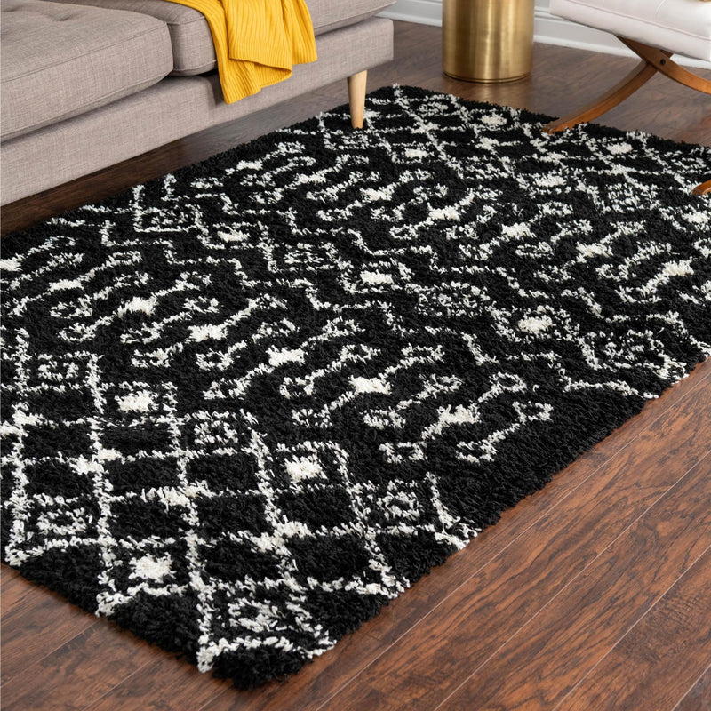 Berber Lattice Shag Collection Area Rug - Atlas (Black and White) Rectangle Black and White lifestyle 16