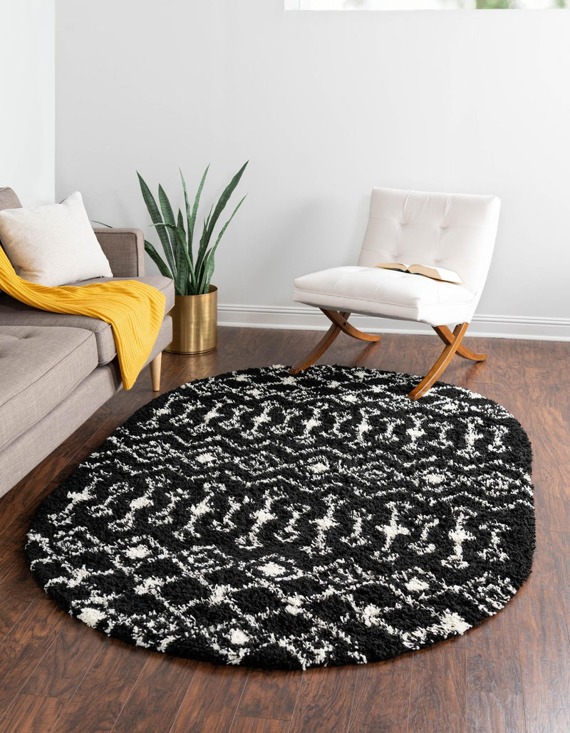 Berber Lattice Shag Collection Area Rug - Atlas (Black and White) Oval Black and White lifestyle 2