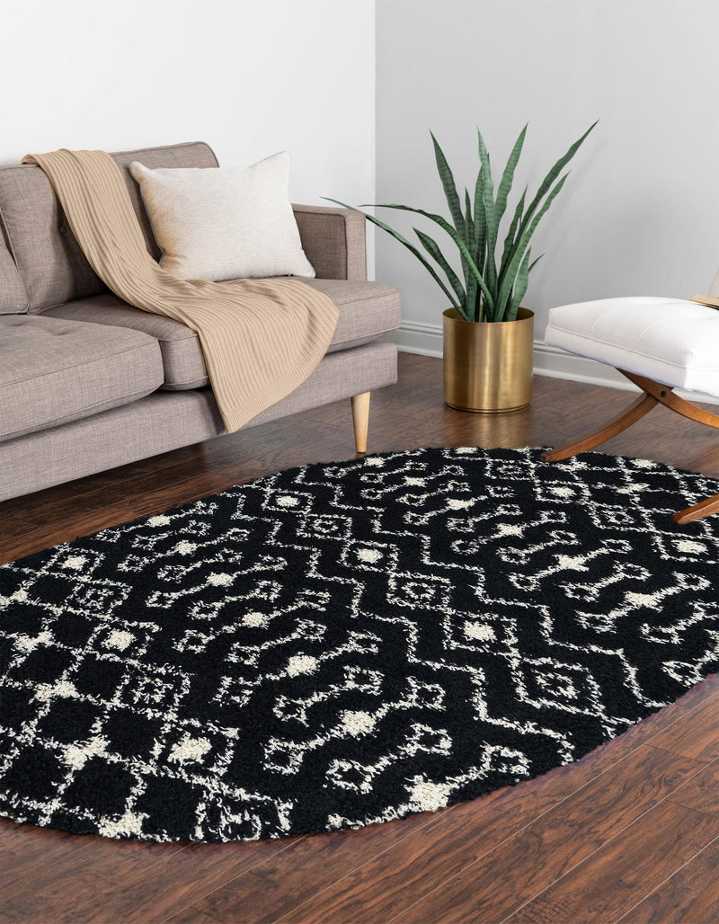 Berber Lattice Shag Collection Area Rug - Atlas (Black and White) Oval Black and White lifestyle 21