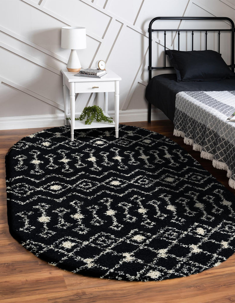 Berber Lattice Shag Collection Area Rug - Atlas (Black and White) Oval Black and White lifestyle 23