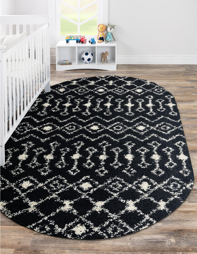 Berber Lattice Shag Collection Area Rug - Atlas (Black and White) Oval Black and White lifestyle 24