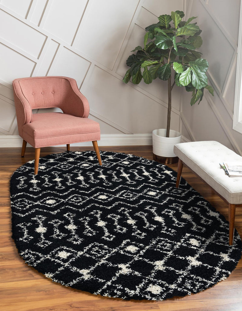 Berber Lattice Shag Collection Area Rug - Atlas (Black and White) Oval Black and White lifestyle 25