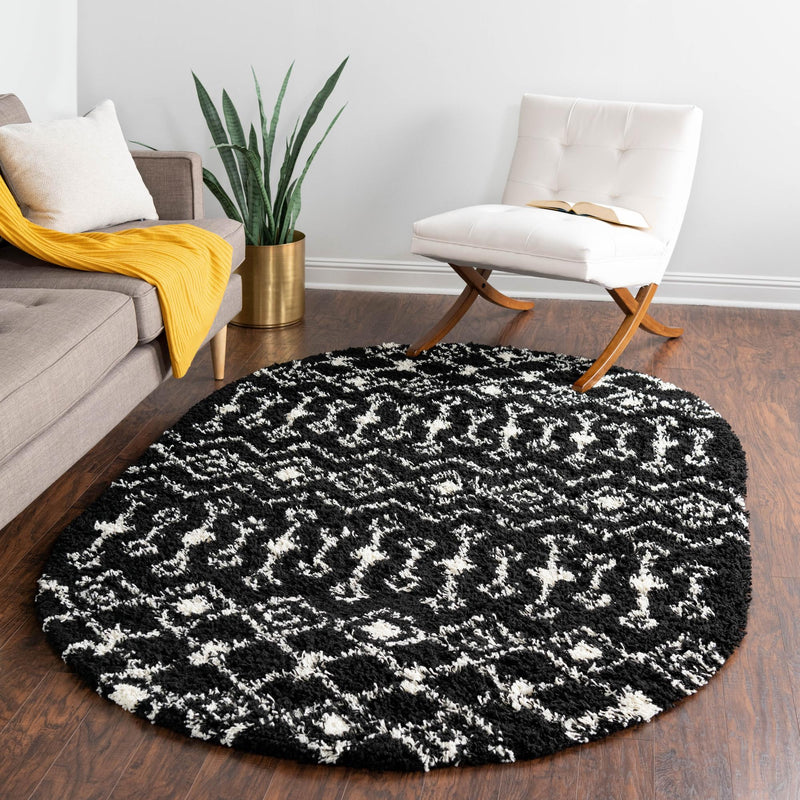 Berber Lattice Shag Collection Area Rug - Atlas (Black and White) Oval Black and White lifestyle 15